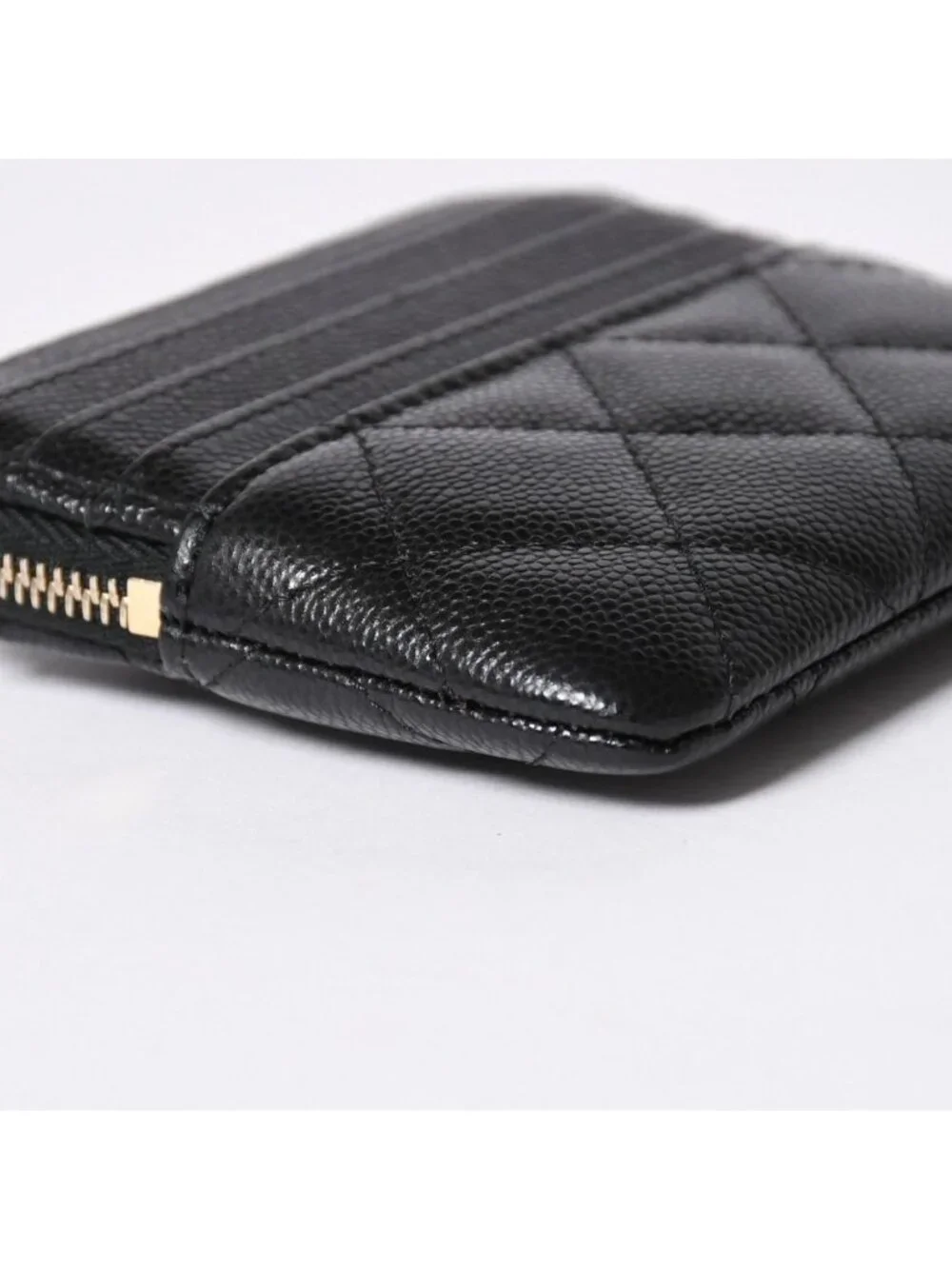 Chanel Classic Zip Coin Purse Stand CC Logo Caviar Leather Black Gold